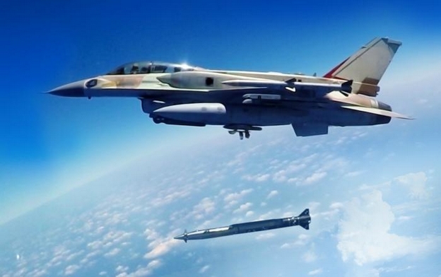Israeli F-16 fighter jet firing a Rampage missile